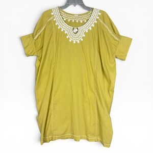 Matta Mini Dress Womens‎ M Yellow Cotton Embroidered Boho Lagenlook Short Sleeve